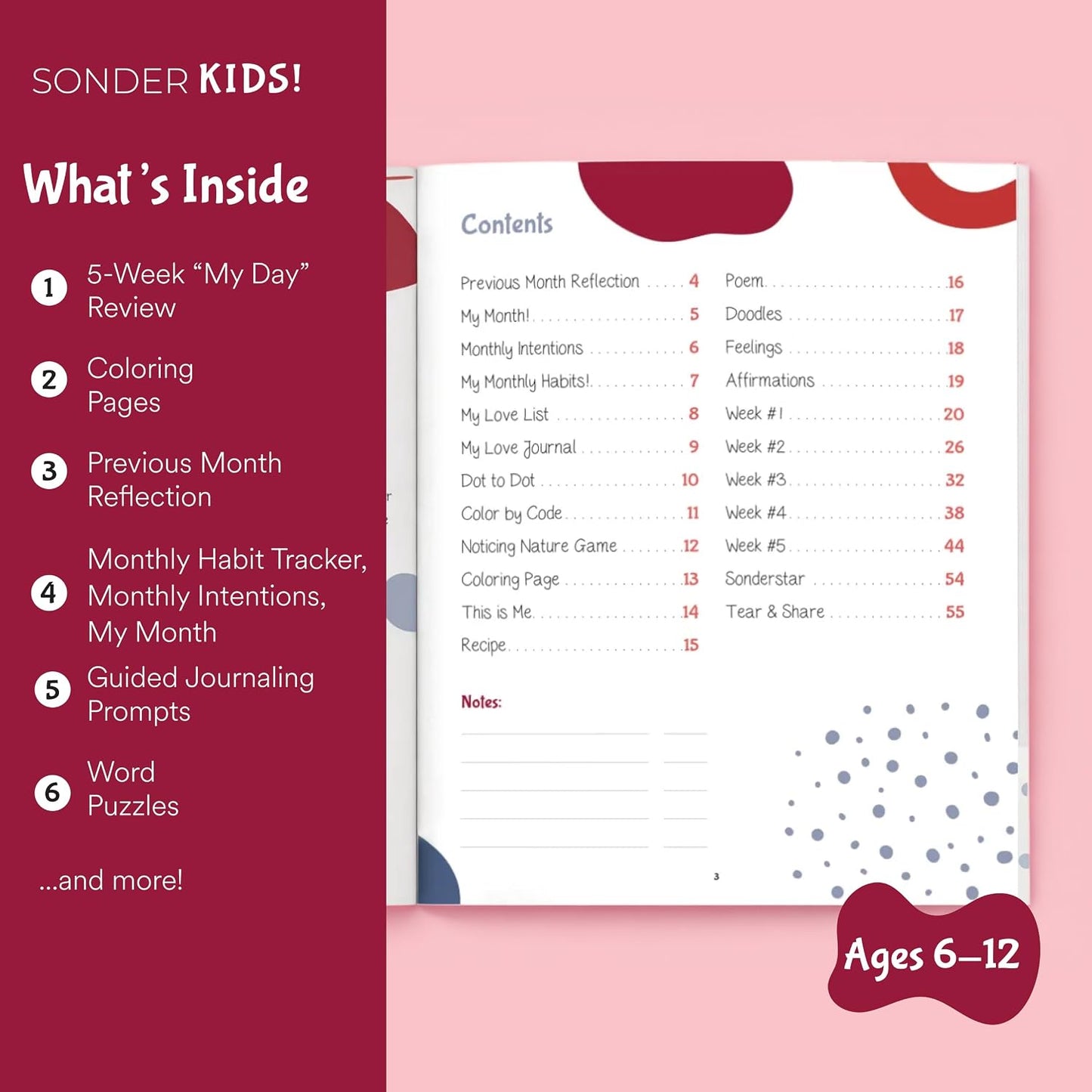 Sonder Kids Wellness Gratitude Journal - Kids Journal for Girls and Boys, Hands-On Activities like Crosswords, Coloring and Nature Prompts, Undated, Ages 6-12, 56 pages