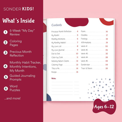 Sonder Kids Wellness Gratitude Journal - Kids Journal for Girls and Boys, Hands-On Activities like Crosswords, Coloring and Nature Prompts, Undated, Ages 6-12, 56 pages