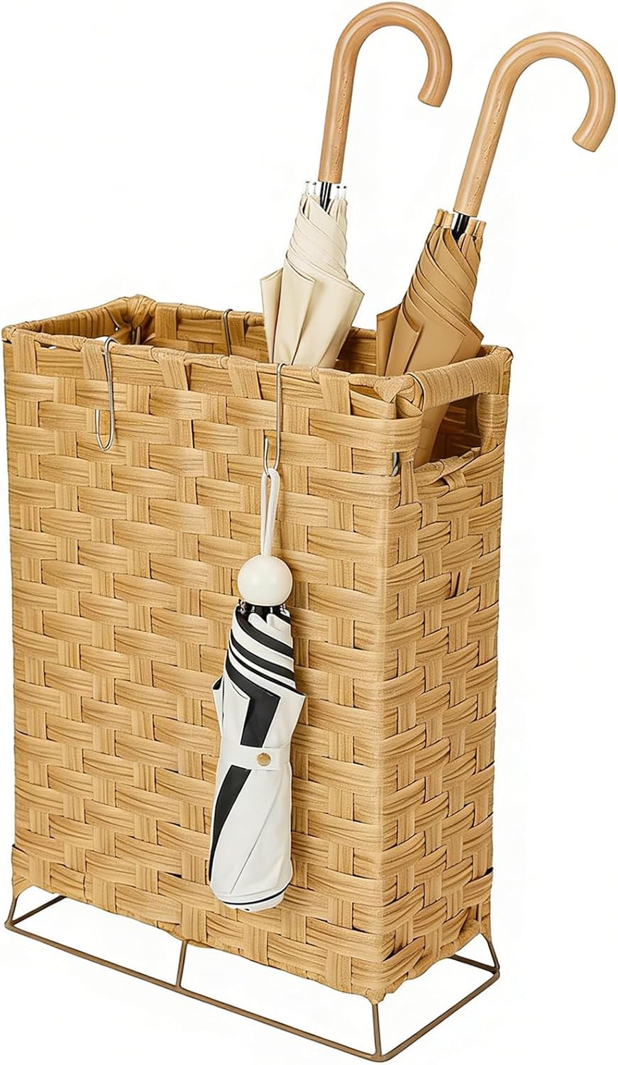 Rattan Umbrella Holder Basket Stand for Entryway | Handwoven, Indoor Umbrella Storage with Waterproof Base, Durable Metal Hooks & Removable Drip Tray