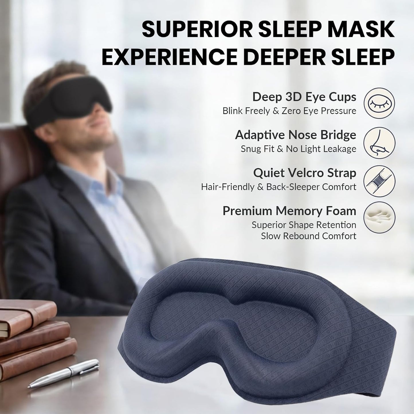 Maximum Blackout Sleep Mask for Deep Sleep, 3D Eye Mask with Spacious Eye Cups, Zero Eye Pressure, Long Eyelash & Lash Extension Friendly, Eye Cover for Travel/Shift Work/Daytime Sleep, Black