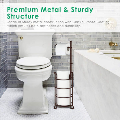 TomCare Toilet Paper Holder Free Standing with Shelf, Stable 4 Raised Feet | Stores 4 Mega Rolls, Tool-Free Assembly, Powder-Coated Metal Frame, Bathroom Storage Organizer for Spare Rolls, Silver