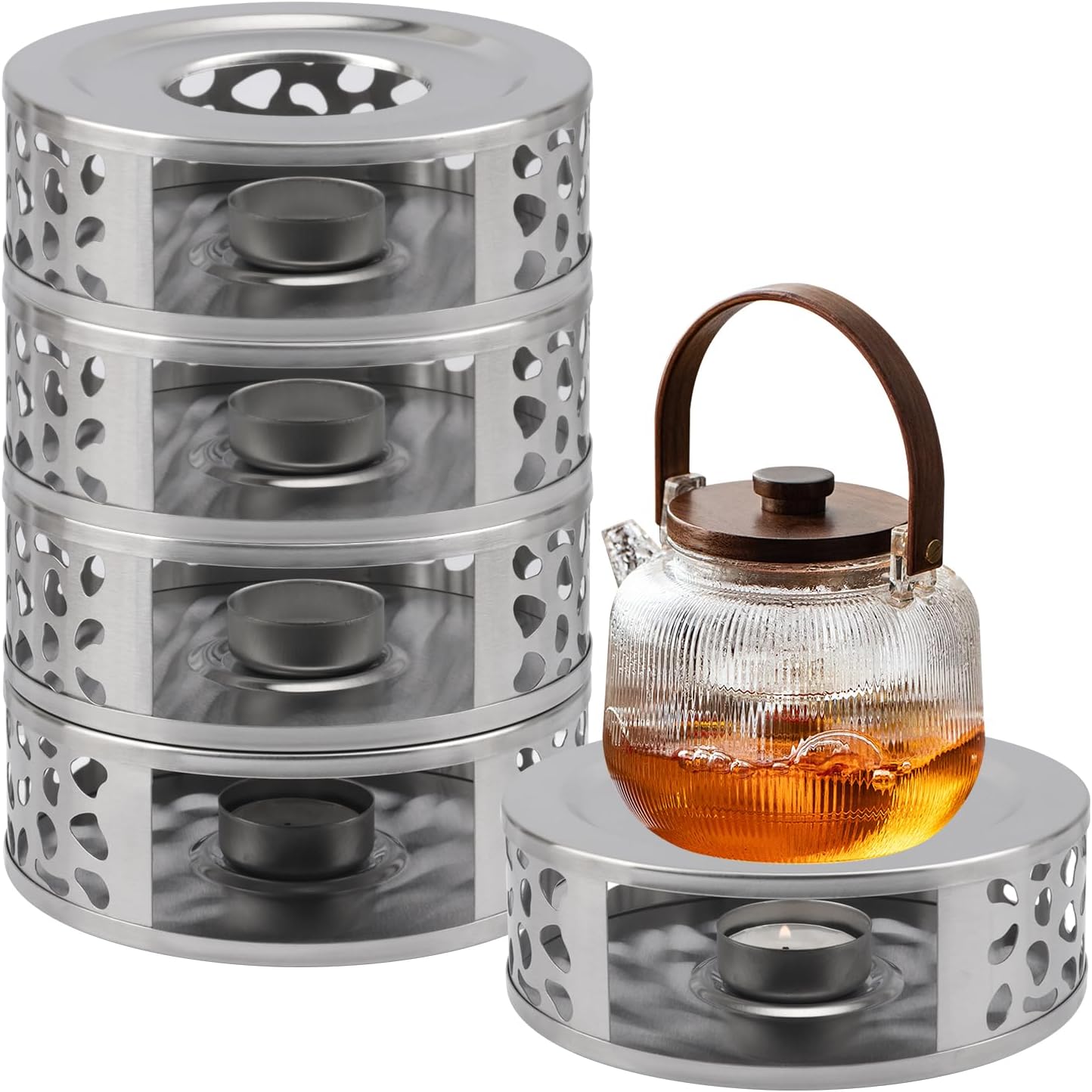 4 PCS 6 inch Round Teapot Warmer, Stainless Steel Teapot Warmer with Candle Base, Elegant Tea Pot Warmers for Keeping Tea, Coffee & More Warm, Perfect for Home, Office & Travel(Gold)