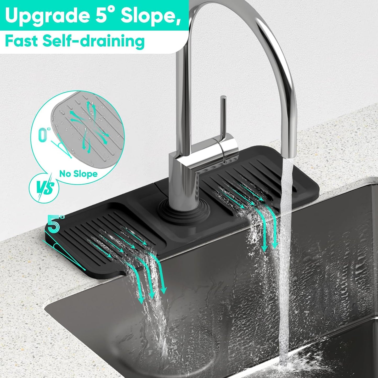 24 Inch Longer Faucet Mat for Kitchen Sink [5° Slope Fast Self-draining]Bathroom Kitchen Sink Splash Guard Silicone Sinks Faucet Mat Splash Guard for Kitchens Sinks Area Tidy Splashs Draining Mats
