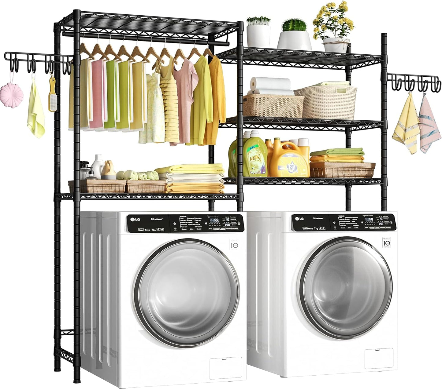 U5 Over the Washer and Dryer Storage Shelf, Laundry Room Space Saver | Bathroom Storage and Organizer Rack for Hanging Towel and Drying Clothes with 5 Wire Shelves, Black