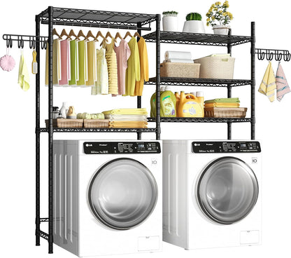 U5 Over the Washer and Dryer Storage Shelf, Laundry Room Space Saver | Bathroom Storage and Organizer Rack for Hanging Towel and Drying Clothes with 5 Wire Shelves, Black