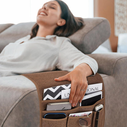 Teniux Remote Control Holder GRS Certified Armchair Caddy for Recliner Couch, Recycled Material Non-Slip Armrest Organizer with 5 Pockets for Magazine, Tablet, Phone, iPad (Dark Grey)