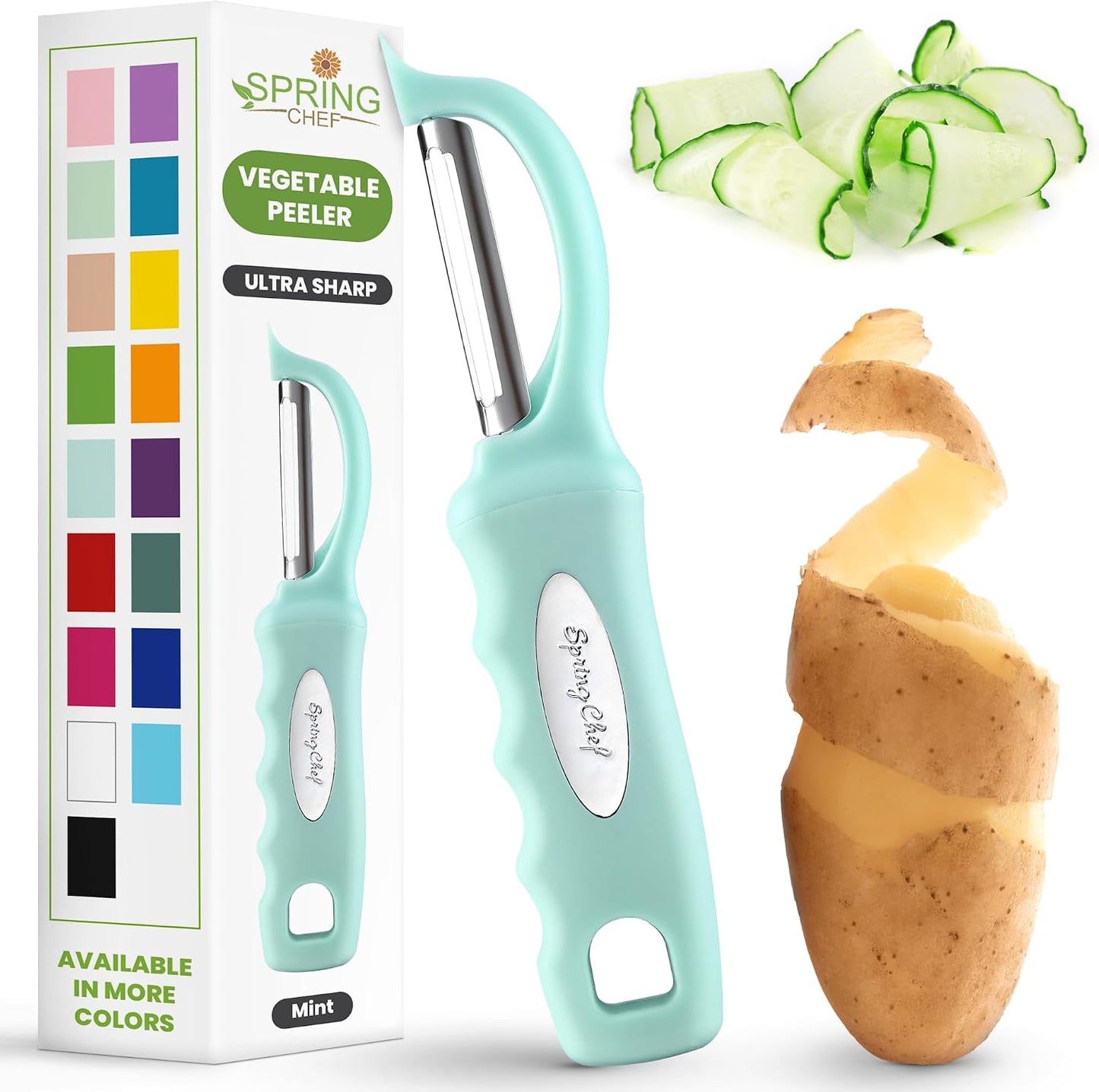 Spring Chef Swivel Potato Peeler for Kitchen w/ Soft Grip Handle, Mango | Premium Vegetable Peeler w/ Sharp Stainless Steel Blades, Multifunctional Food Peeler for Apple, Carrot, Cucumber, Fruit