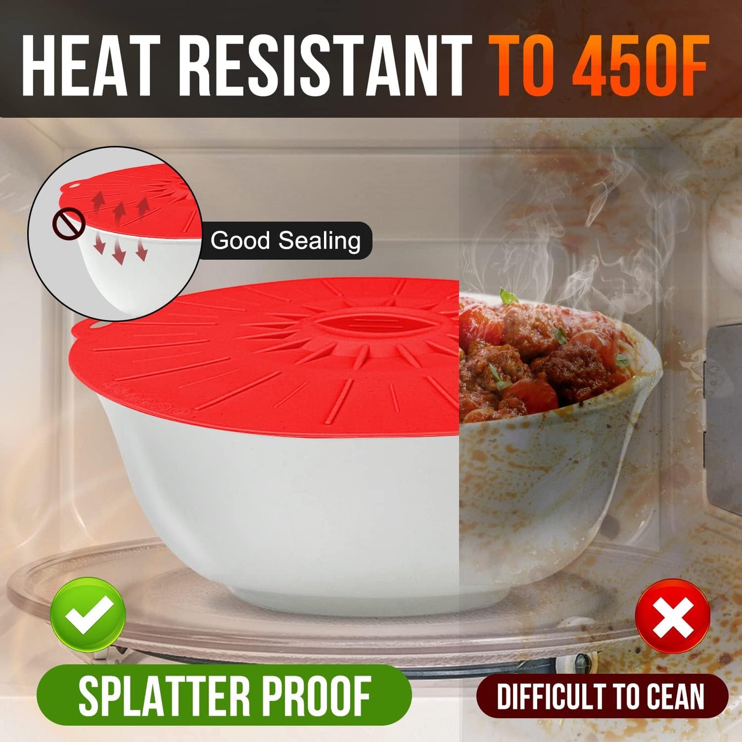 Silicone lids - 5 Pack Heat Resistant Microwave Splatter Cover, Reusable silicone Suction lids for food storage Fits Bowls, Cups, Skillets, Plates, Pots, Pans StoveTop, Oven, Fridge Safe