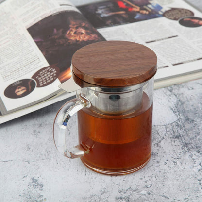 Tea Cup with Infuser Walnut Lid&Handle, Glass Tea Cups with Wide Mouth Extra Large Capacity, Stainless Steel Tea Infuser Mug for Loose Leaf Tea Steeping(14oz/400ml)