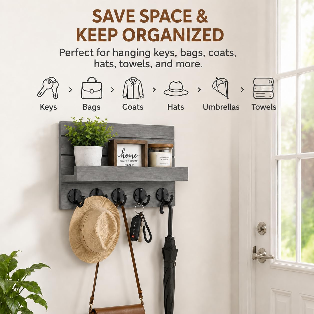 Key Holder for Wall, Decorative Key and Mail Holder, Key Holder Wall Mount with Shelf and Large Hooks, Easy Installation Key Rack for Entryway and Home Decor