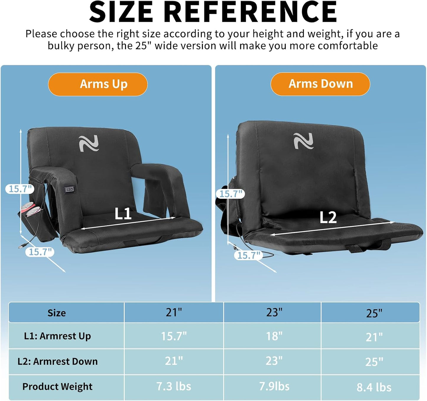 Wide Heated Stadium Seat for Bleachers w/Back Support & Cushion | 5-Position Adjustable Heated Stadium Seat with Armrests, 3 Heat Levels, Anti-Slip, Side Pockets, Backpack Straps (No Battery)