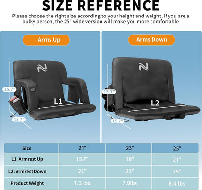 Wide Heated Stadium Seat for Bleachers w/Back Support & Cushion | 5-Position Adjustable Heated Stadium Seat with Armrests, 3 Heat Levels, Anti-Slip, Side Pockets, Backpack Straps (No Battery)