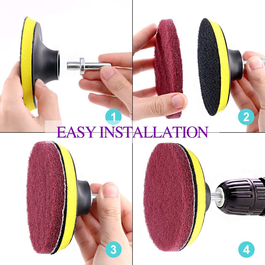 Swpeet 16Pcs 5Inch 3 Scrubbing Pads Drill Powered Brush Tile Scrubber Scouring Pads Cleaning Kit, Abrasive Buffing Pads Replacement with 1 Pcs Hook Attachment for House Cleaning