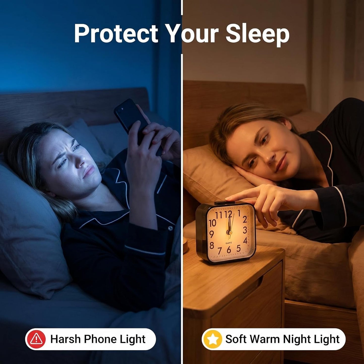 Small Analog Alarm Clock Battery Operated with Warm Glow Nightlight, Silent Non-Ticking Quartz Desk Clock, Easy-to-Read Dial, Battery Powered Travel Table Clock for Bedroom, Students, Office（black)