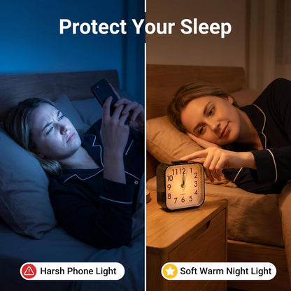 Small Analog Alarm Clock Battery Operated with Warm Glow Nightlight, Silent Non-Ticking Quartz Desk Clock, Easy-to-Read Dial, Battery Powered Travel Table Clock for Bedroom, Students, Office（black)