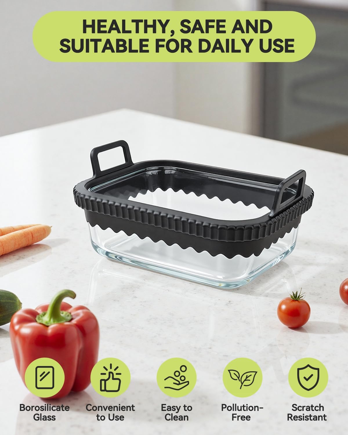 Air Fryer Glass Liner Reusable with Removable Silicone Ring, Air Fryer Accessories for Ninja Foodi DZ201/DZ401/DZ550, for COSORI/Chefman/Instant, Heat-Resistant, Dishwasher Safe & BPA-Free