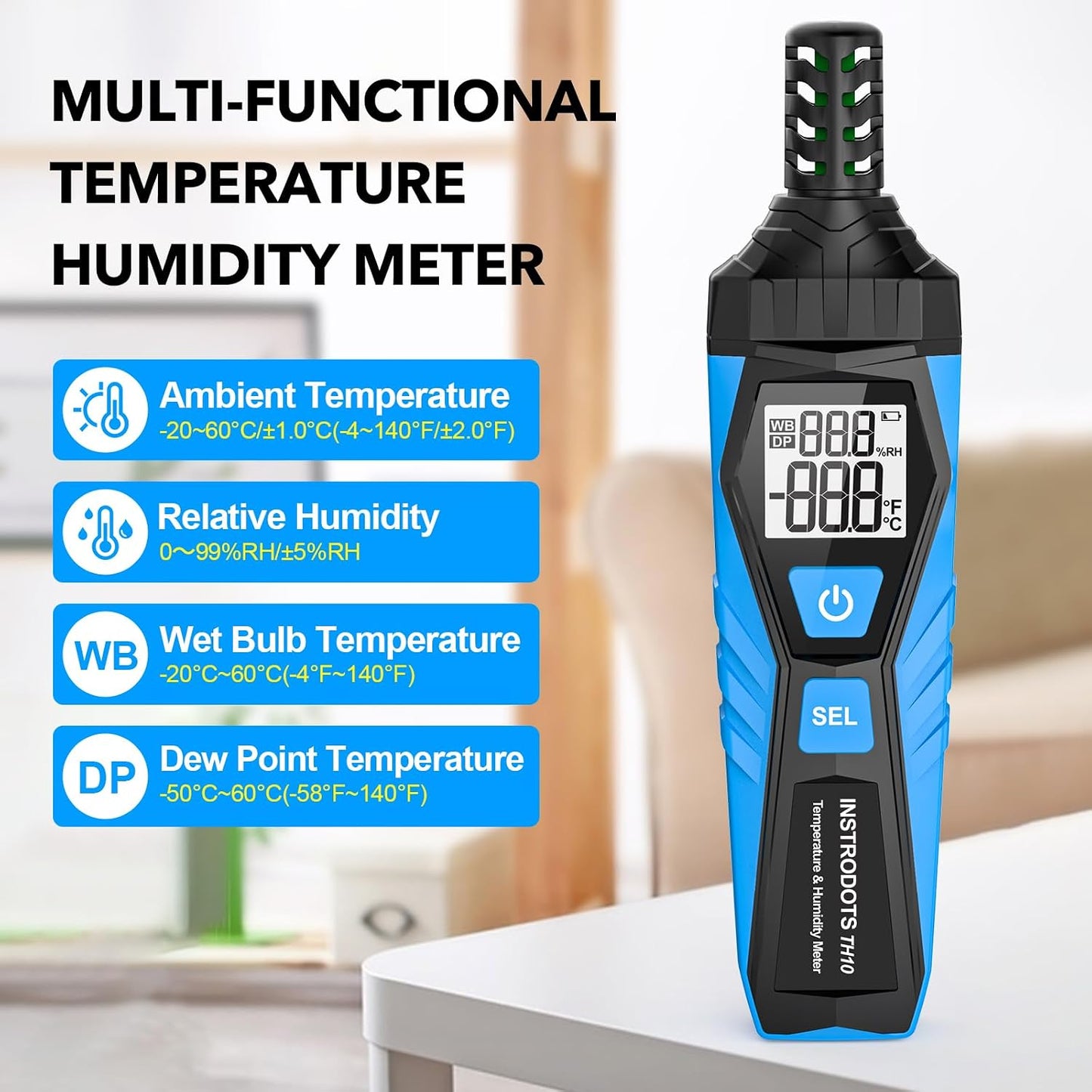 Temperature Humidity Meter, High Precision Thermometer Hygrometer with Ambient, Dew Point, Wet Bulb Thermometer, Dual Display Temperature & Humidity with LCD Backlight, TH10