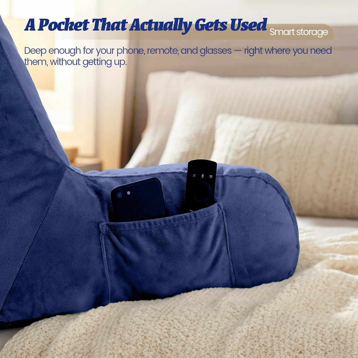 ACH Reading Pillow with Arms for Adults - Adjustable Memory Foam Bed Rest Pillow, Lumbar & Neck Back Support, Soft Velvet Cover Machine Washable, Deep Side Pocket & Carry Handle, Grey