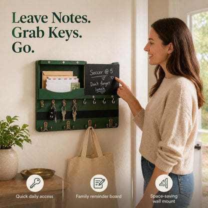 Key Holder for Wall Mount with Shelf and Mail Organizer, Key and Mail Holder with 16 Hooks, Farmhouse Entryway Organizer, Home Decor Rack (Pine Wood, White Washed)