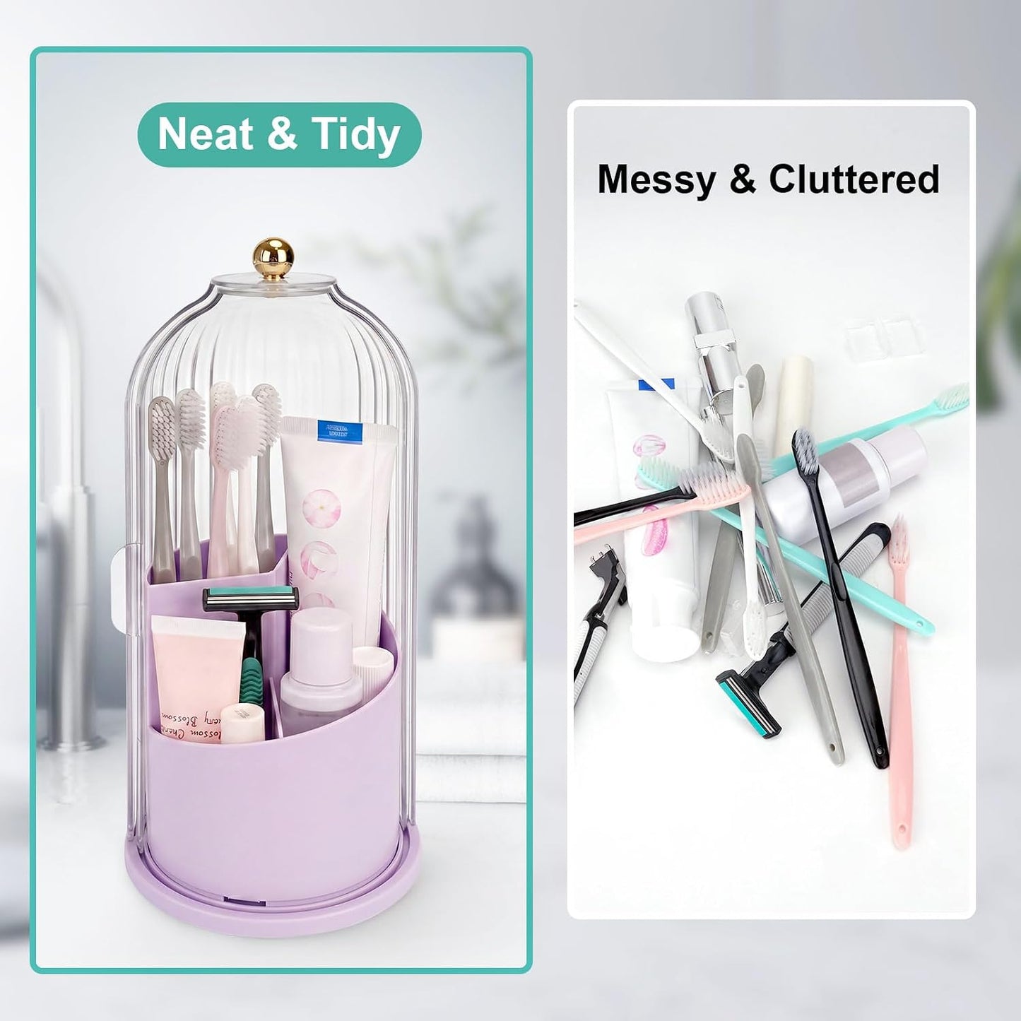 QIYVLOS Toothbrush Holders with Sliding Lid, Rotating 3 Slots Bathroom Organizer Countertop, Tooth Brush Toothpaste Holder Bathroom Counter Stand Sink Organizer Caddy for Vanity Makeup Brushes Holder
