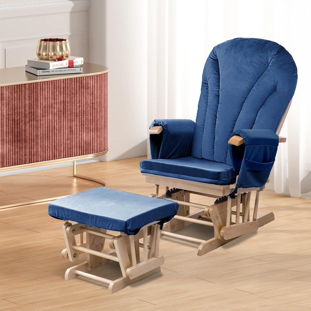 ANMINY 5pcs Glider Rocker Replacement Cushions Set with Ottoman Cushion, 3.5Inch Thickened Velvet Glider Rocking Chair Cushions with 29 inch High Backrest & Side Pockets for Indoor Nursery, Blue