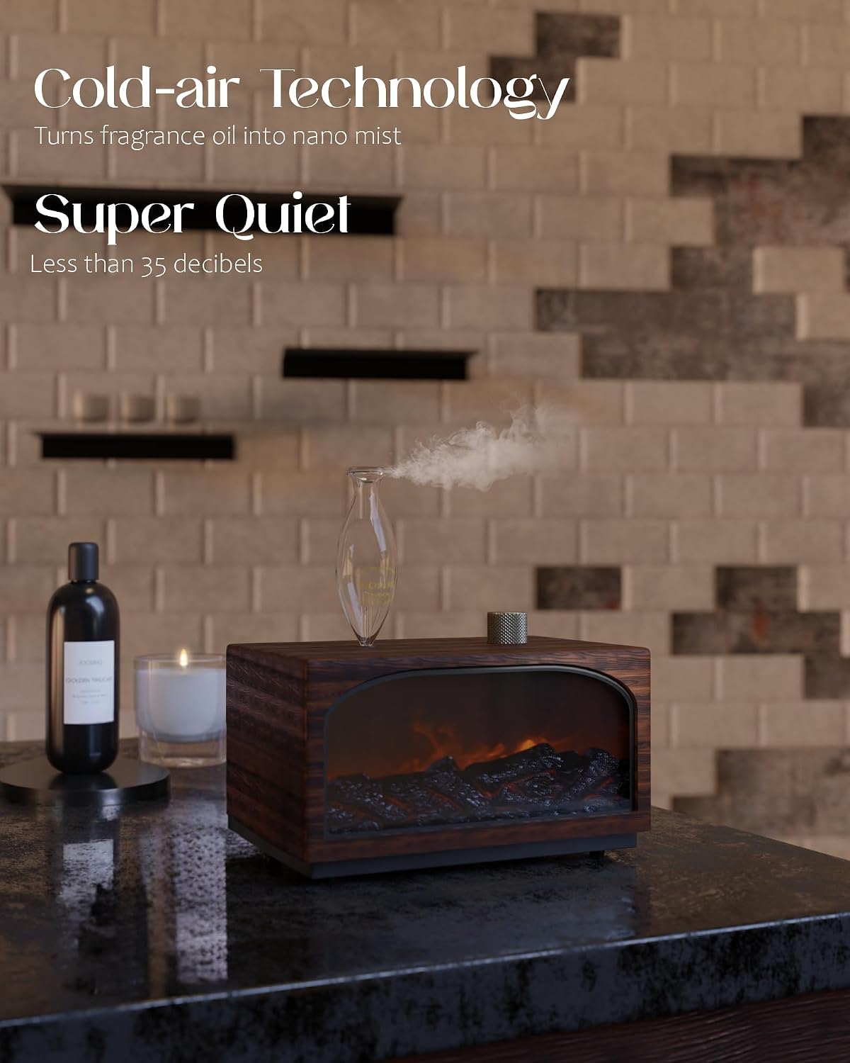 Waterless Oil Diffuser with Wood Base, Tempered Glass Bulb, 3 Color Light
