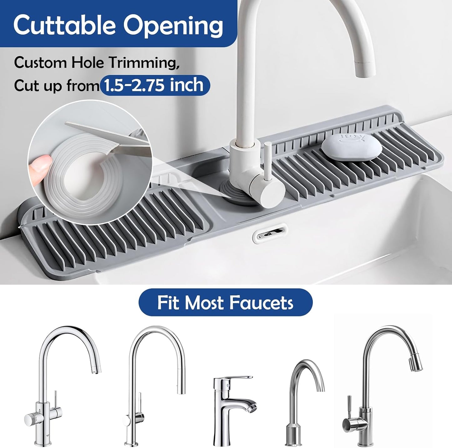 24"Longer Silicone Faucet Mat For Kitchen Sink Splash Guard Gray, 24"x5.5" | 7° Slope Snap Lock- Sink Faucet Mat Splash Guard Kitchen Sink Area Silicone Sink Water Splash Guard Behind Faucet