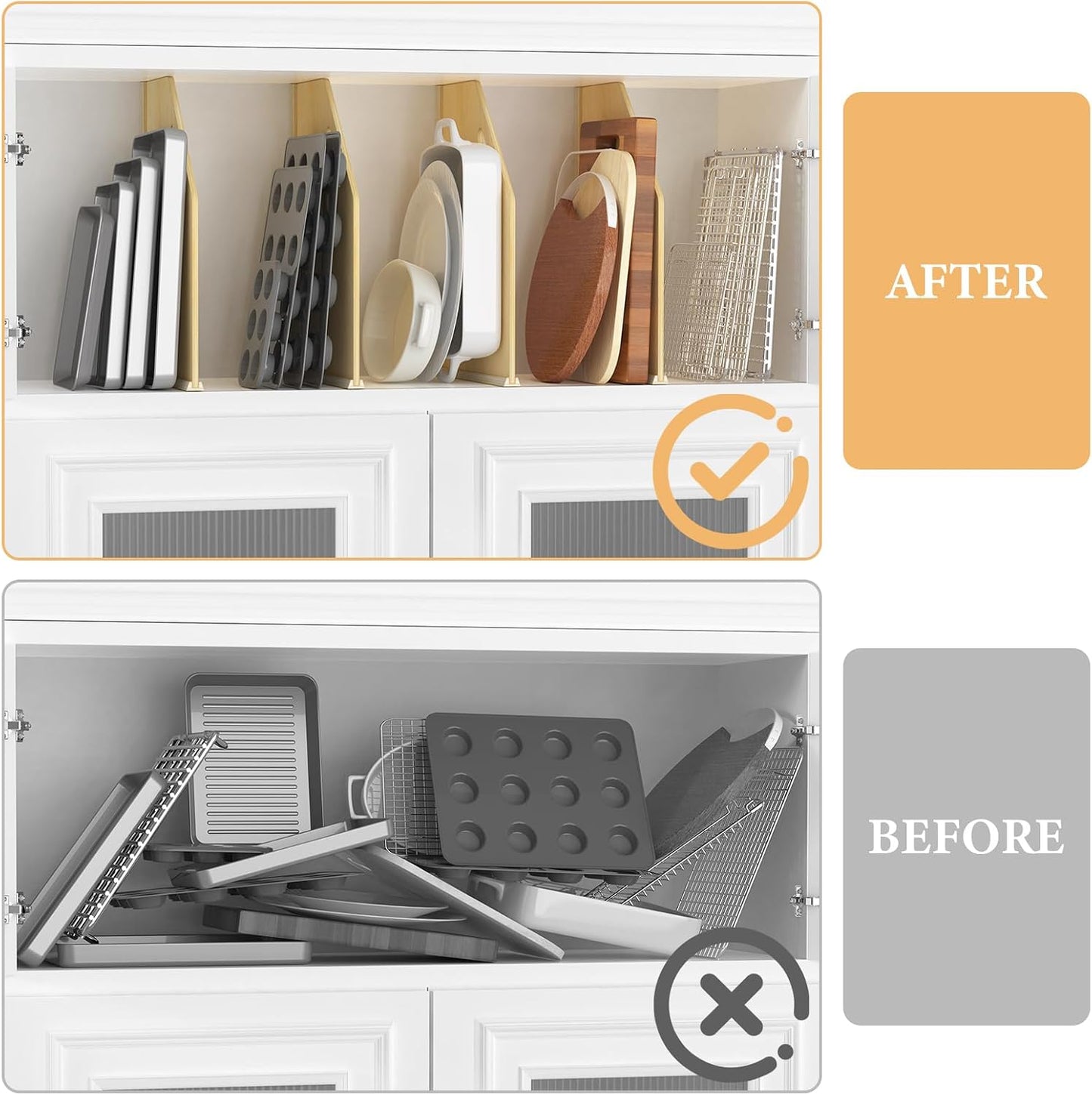 4 Pack Wood Tray Dividers for Cabinet, Cookie Sheet Organizer for Cabinet | No cutting required, Premium Wood, 2 Assembly Methods, Kitchen Cabinet Dividers for Storing pans, Baking tray, Cutting Board