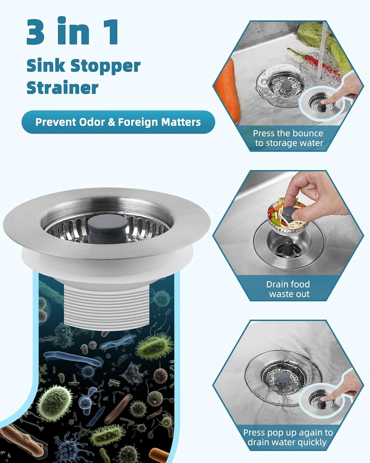 Universal 3 in 1 Kitchen Sink Drain Strainer Stopper Combo, Matte Black | Stainless Steel Shell Pop Up Sink Stopper for US Standard 3-1/2 inch Drain Filter, Anti-Clog and Easy Clean