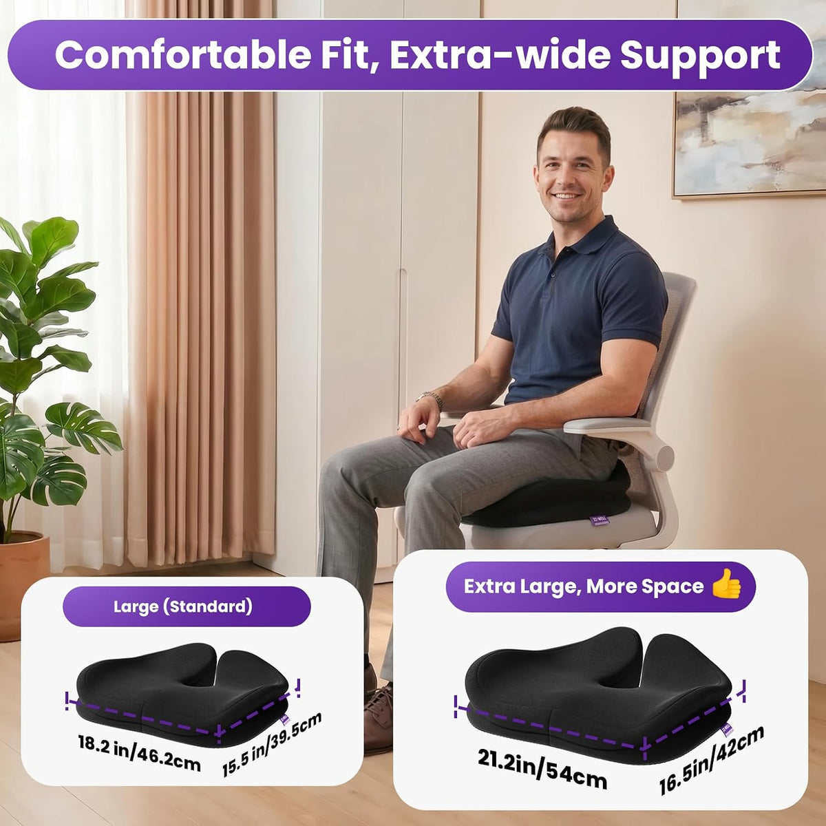 ZZ-WELL Seat Cushions for Office Chairs, Coccyx Cushion for Tailbone Pain, Memory Foam Butt Pillows for Computer Gaming Chair, Patented Pressure Relief Design Chair Cushion (Light Grey, XX-Large)