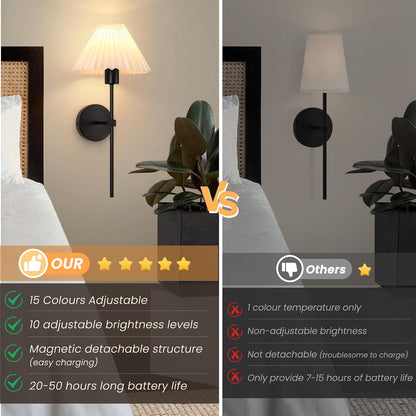 Rechargeable Battery Operated Wall Sconce Sets of 2, 15 Colors Wireless gooseneck Black Wall Lights Fixture with Dimmable Bulbs and Remote, Not Hardwired Wall Mounted Lamps for Bedroom Living Room