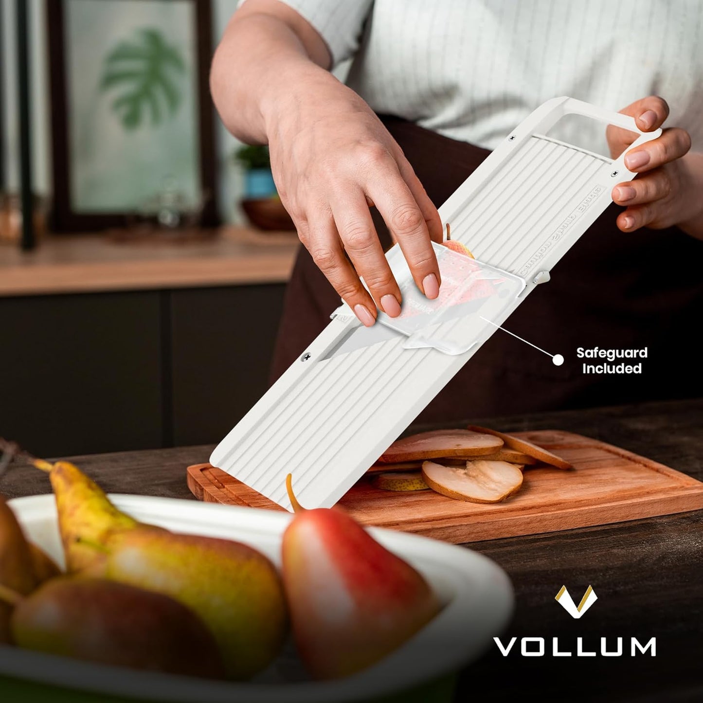 Vollum Mandoline Slicer Vegetable Cutter Stainless Steel Blades | Narrow handheld manual food slicer with interchangeable blades for precise, professional-style kitchen prep.