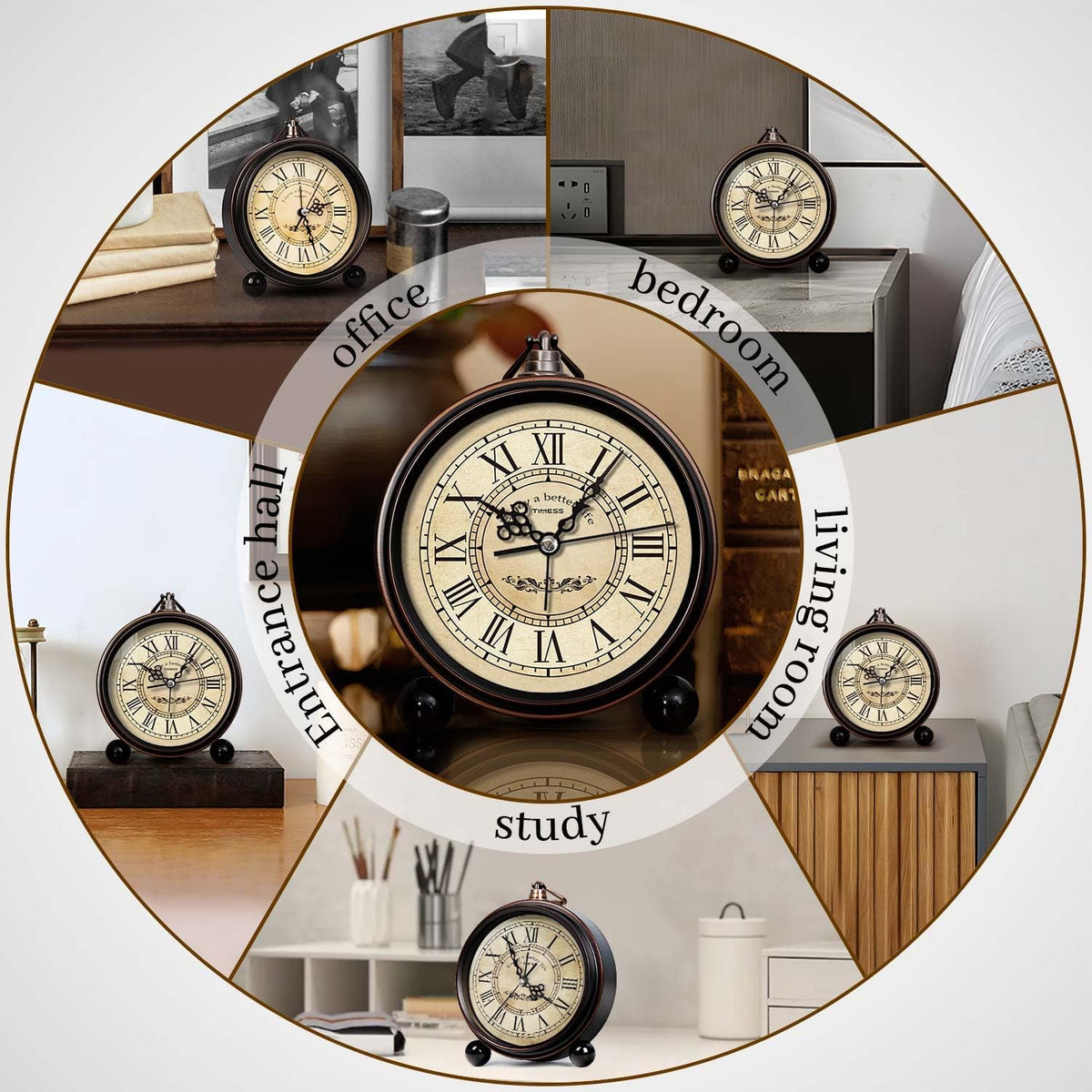 TIMESS 4.3-Inch Vintage Analog Alarm Clock, Silent Non-Ticking, Brown