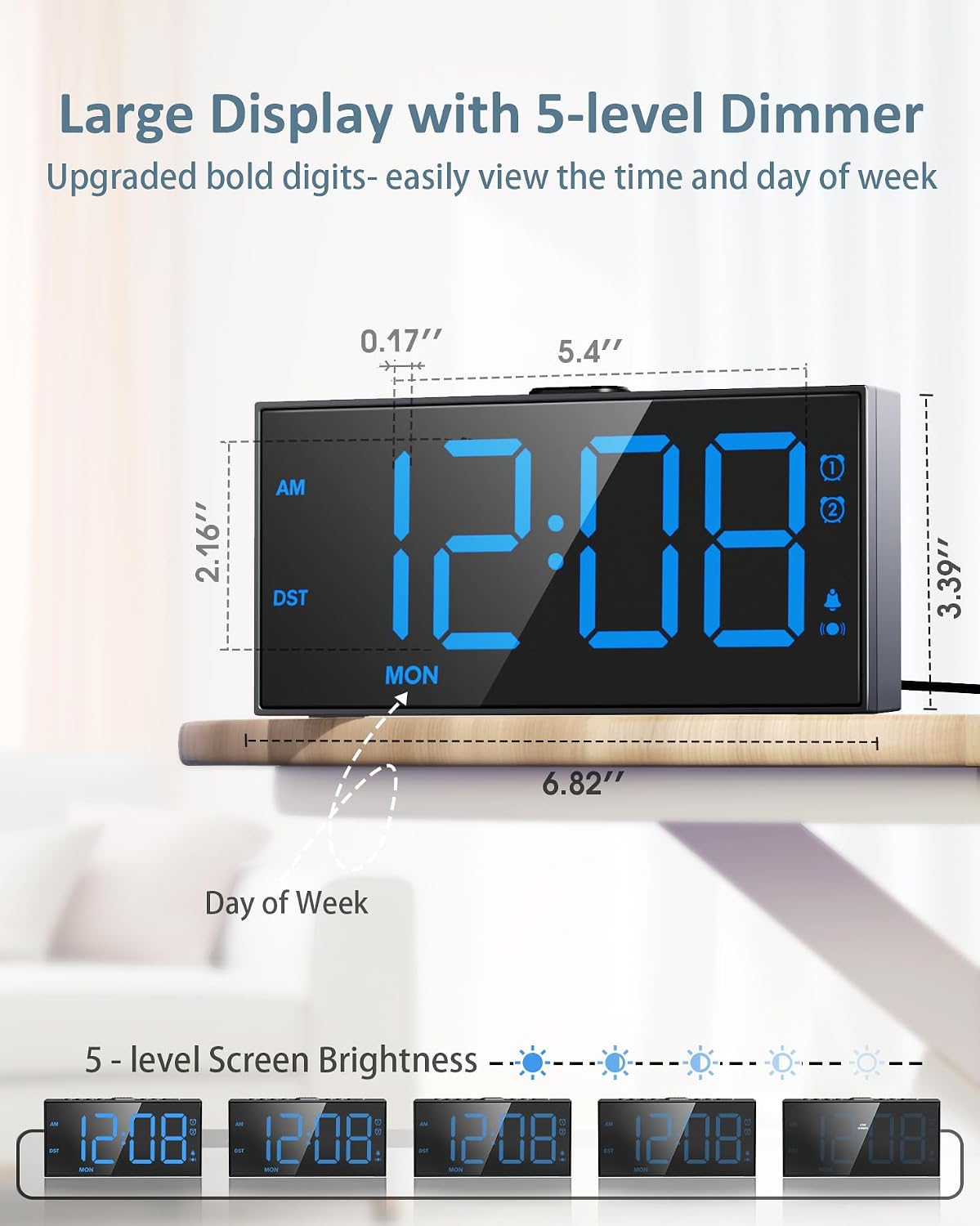 Roxicosly Vibrating Alarm Clock with Bed Shaker for Heavy Sleepers, 3-Level Vibration, Dual Alarms with Weekday & Weekend Mode, Large Digits, Dimmer, Snooze, USB Charger, Battery Backup
