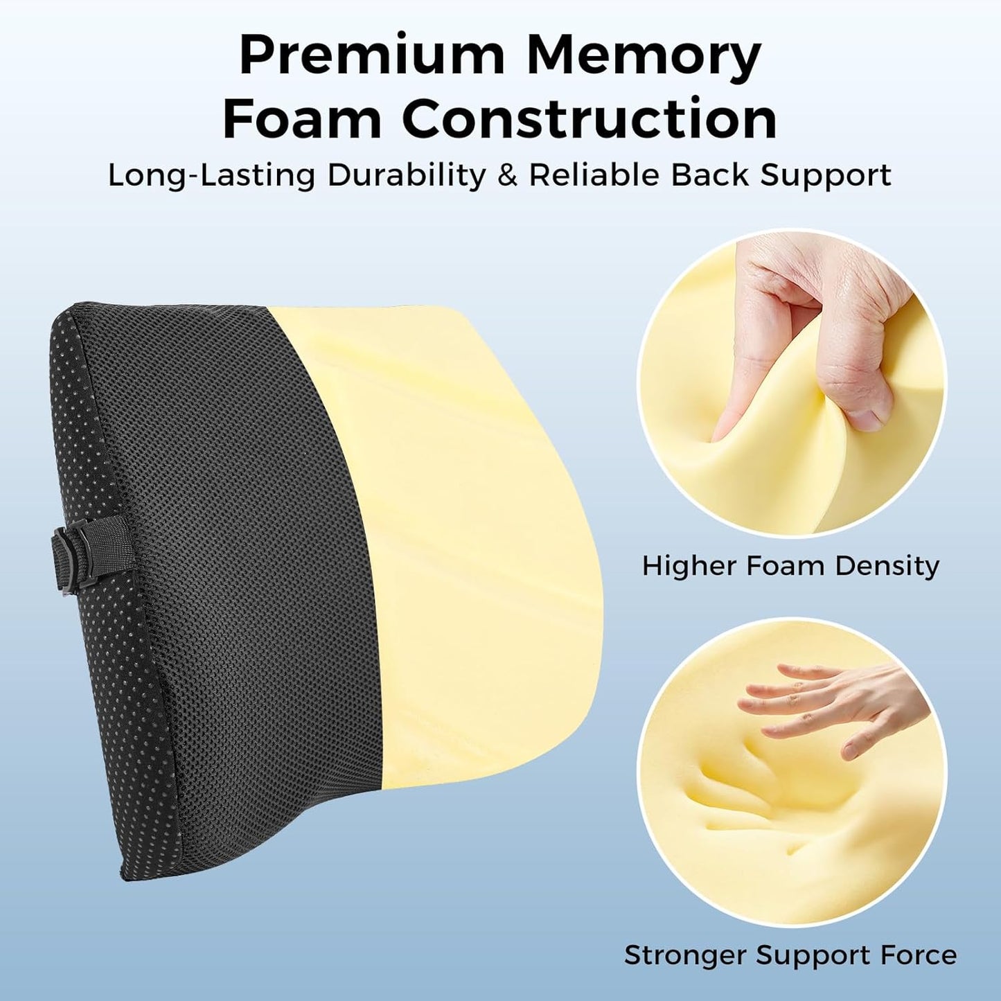 Lumbar Support Pillow for Car & Office Chair - High-Density Memory Foam Back Cushion for Sciatica & Lower Back Pain Relief - Non-Slip Support for Long Commutes & Desk Workers (Black)