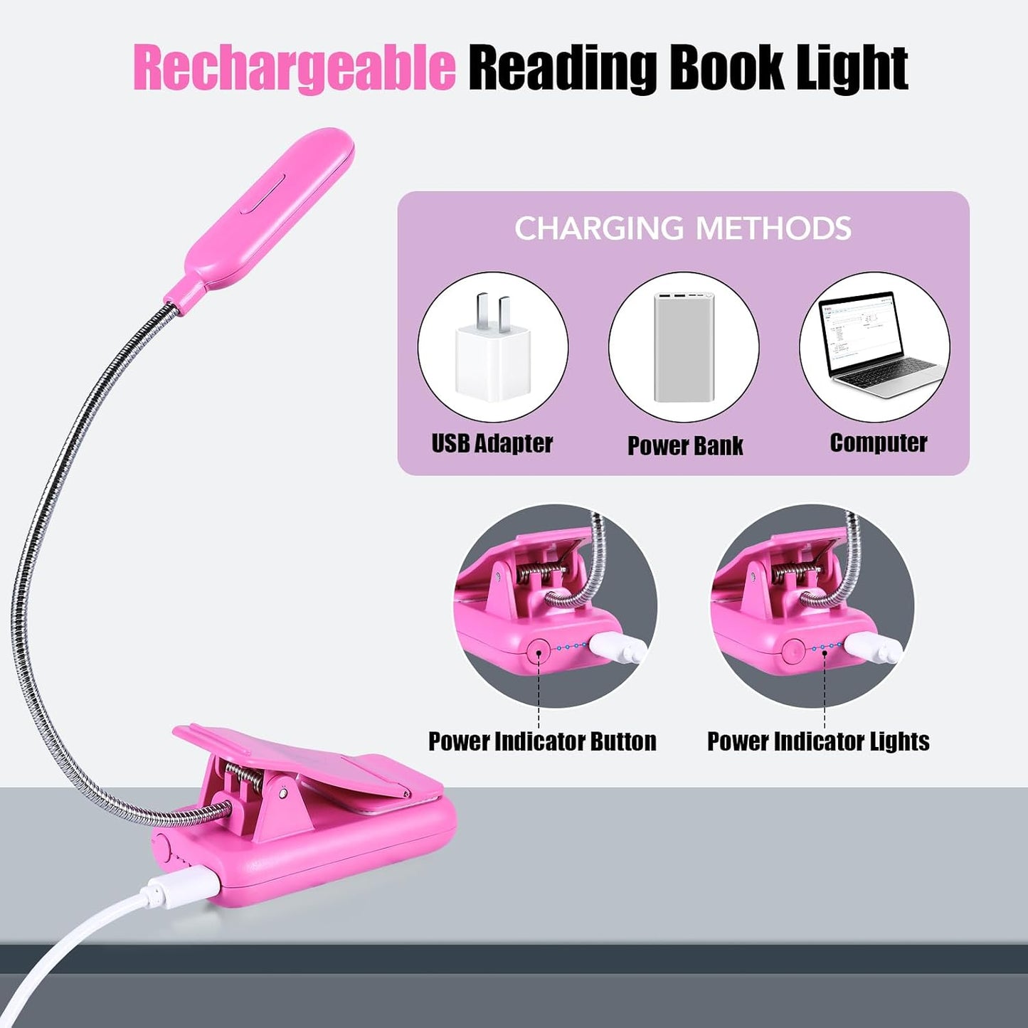 VAVOFO Rechargeable Book Light for Reading in Bed Kids, 7 LED Reading Light with 9-Level Warm Cool White Daylight, Eye Care Lamp with Power Indicator for Bookworms (Yellow)