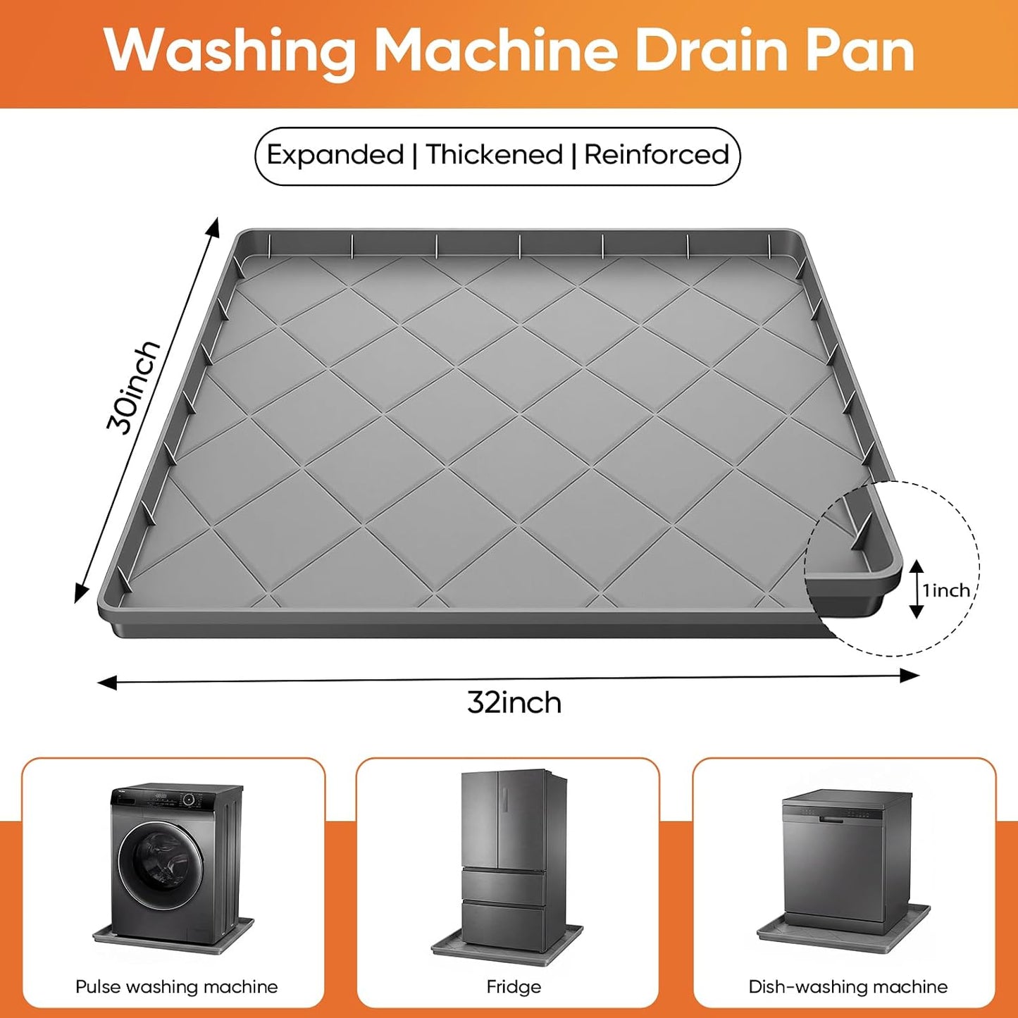 Washing Machine Drain Pan Silicone Mat,Large 32"X 30"with 1" Raised Edges | Non-Slip Waterproof Washer Drain Pan,Washing Machine Tray for Floor Protection,Multi-Purpose Leakproof Washer Drip Pan (Grey)
