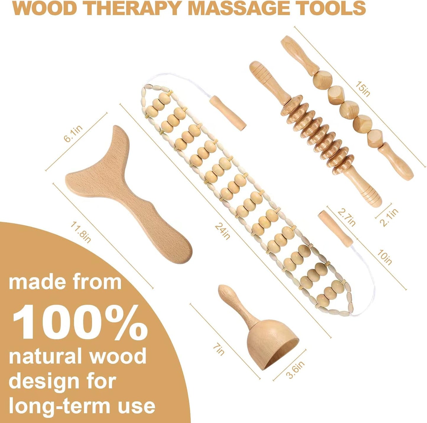 Wood Therapy Massage Tools Professional Maderoterapia Kit Body Sculpting Tools for Lymphatic Drainage and Anti-Cellulite.Wood Massager Roller Rpoe for Back and Muscle Pain Relief (5pcs)