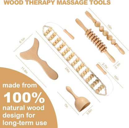 Wood Therapy Massage Tools Professional Maderoterapia Kit Body Sculpting Tools for Lymphatic Drainage and Anti-Cellulite.Wood Massager Roller Rpoe for Back and Muscle Pain Relief (5pcs)