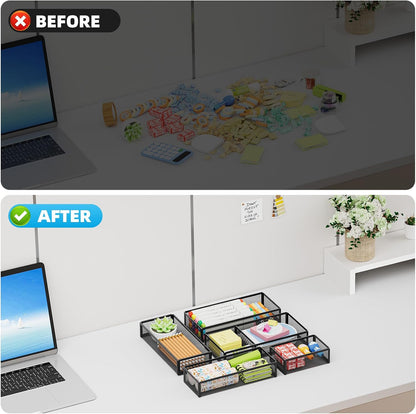 Marbrasse 5 Pack Desk Drawer Organizer Set, Mesh Drawer Storage Trays with 1 Adjustable Divider, Desk Organizers and Accessories, 5 PCS Drawer for Office Supplies, Makeup & Vanity (Black)