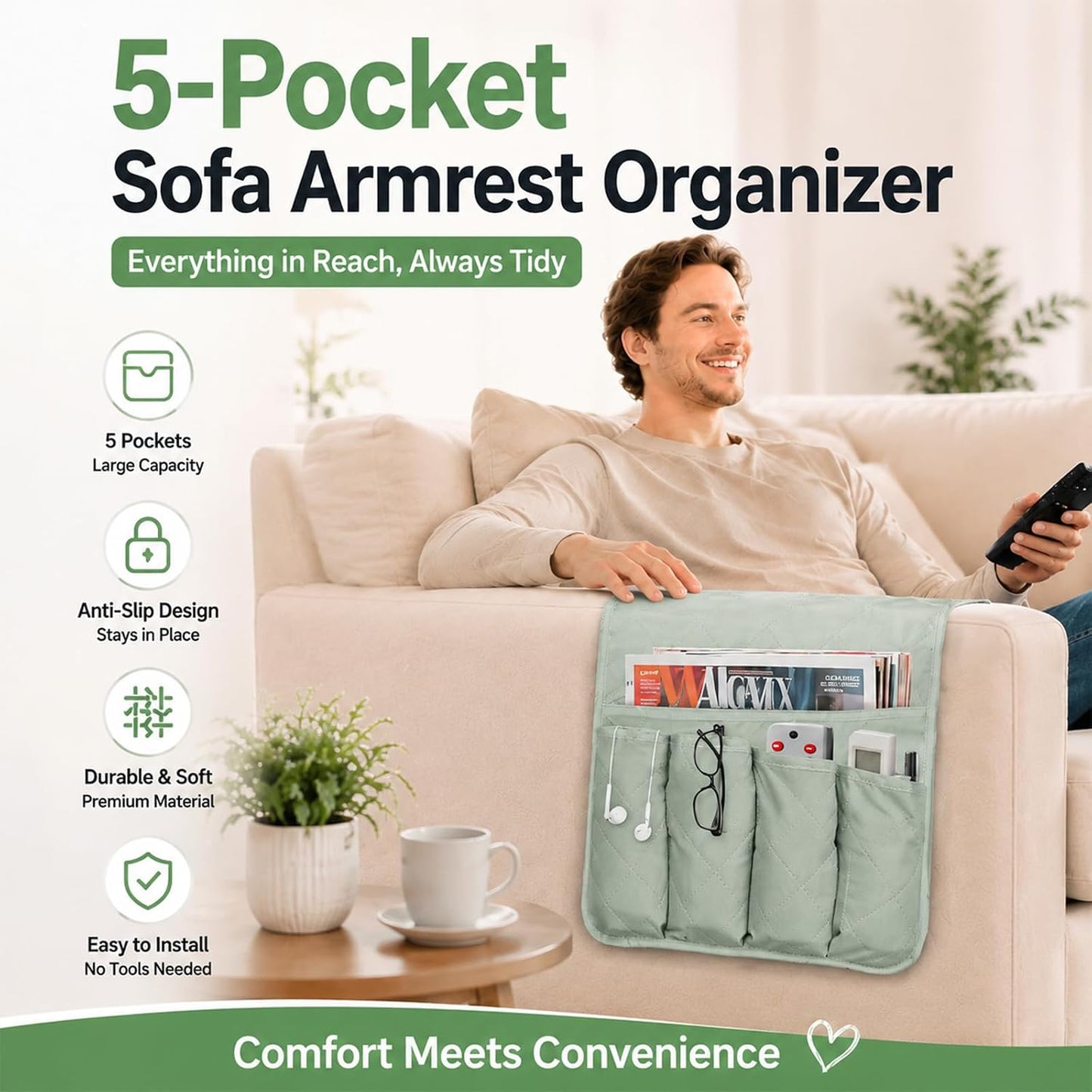 Armchair Caddy for Recliner, Non Slip Sofa Arm Organizer, Sage Green | 5-Pocket Recliner Armrest Organizer, Couch Side Storage Holder for Remotes, Cell Phone, Magazines & Tablets, Machine Washable