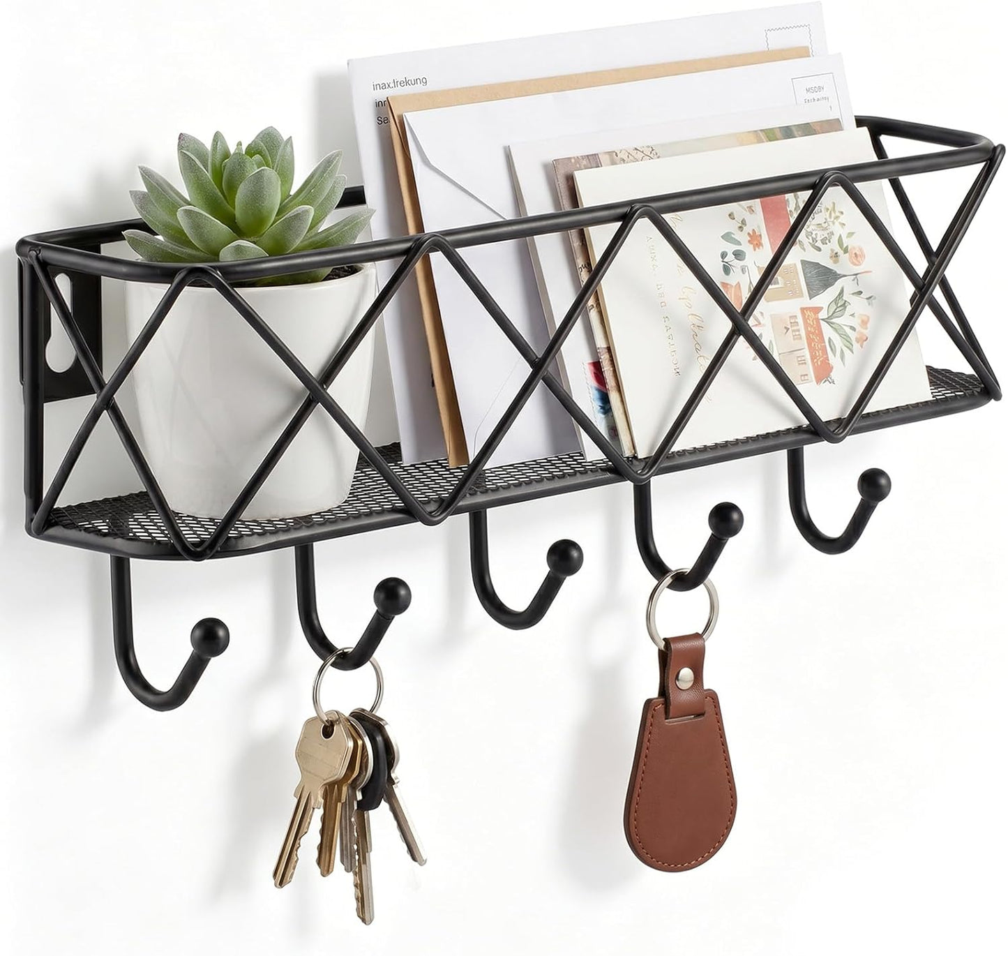HappyHapi Key Holder Wall Mount, Metal Key Rack, 9.8”Lx2.1”Wx4.1”H | Wall Mounted Key Hooks for Wall with 5 Hooks, Mail Holder for Wall for Entryway, Bedroom, Living Room