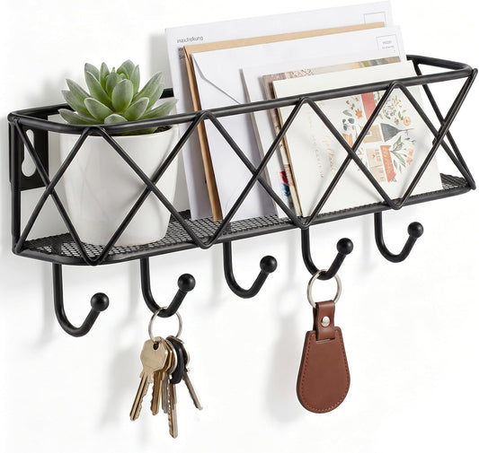 HappyHapi Key Holder Wall Mount, Metal Key Rack, 9.8”Lx2.1”Wx4.1”H | Wall Mounted Key Hooks for Wall with 5 Hooks, Mail Holder for Wall for Entryway, Bedroom, Living Room