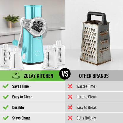 Zulay Kitchen Rotary Cheese Grater 5 Blade Cheese Shredder - Manual Hand Crank Cheese Grater With Reinforced Suction & 5 Interchangeable Drums - Easy to Use, Vegetable Chopper Round Mandoline Slicer - Colors B
