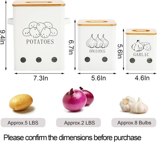 WUWEOT 3 Pack Vegetable Storage Tins, Metal Onion Garlic Potato Jars Set, Kitchen Canisters Vegetable Keeper Containers with Aerating Holes and Wooden Lid