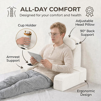 21 INCH Reading Pillow for Adults, Back Pillow for Bed Sitting Up, Backrest Pillow for Sitting in Bed, Detachable Arms with Built-in Cup & Phone Caddy (Gray, 21 INCH)