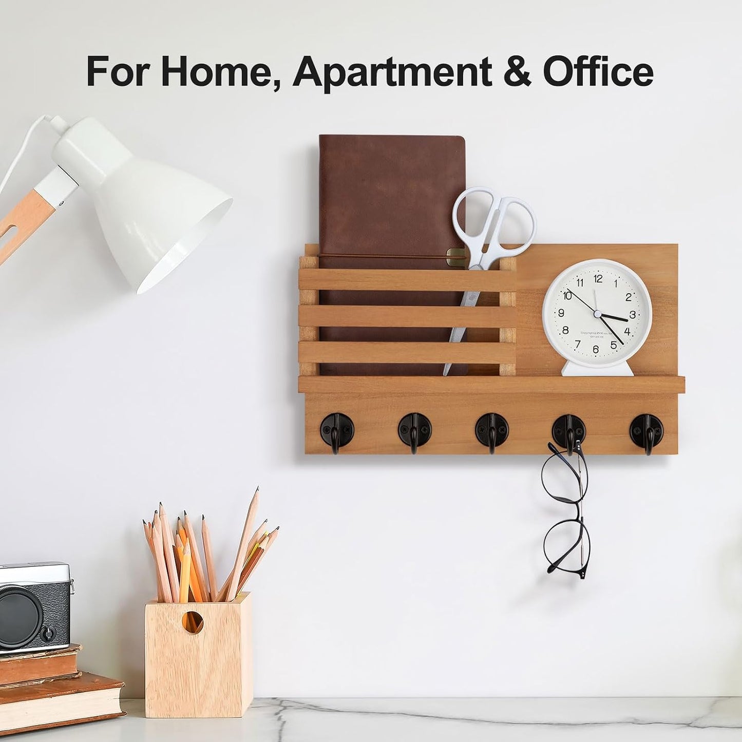 Lwenki Key Holder for Wall – Decorative Wooden Mail Holder and Key Shelf with Mounting Hardware, Installation Guide – Paulownia Wood with Metal Key Hooks (Black, Large - 11.8inch)