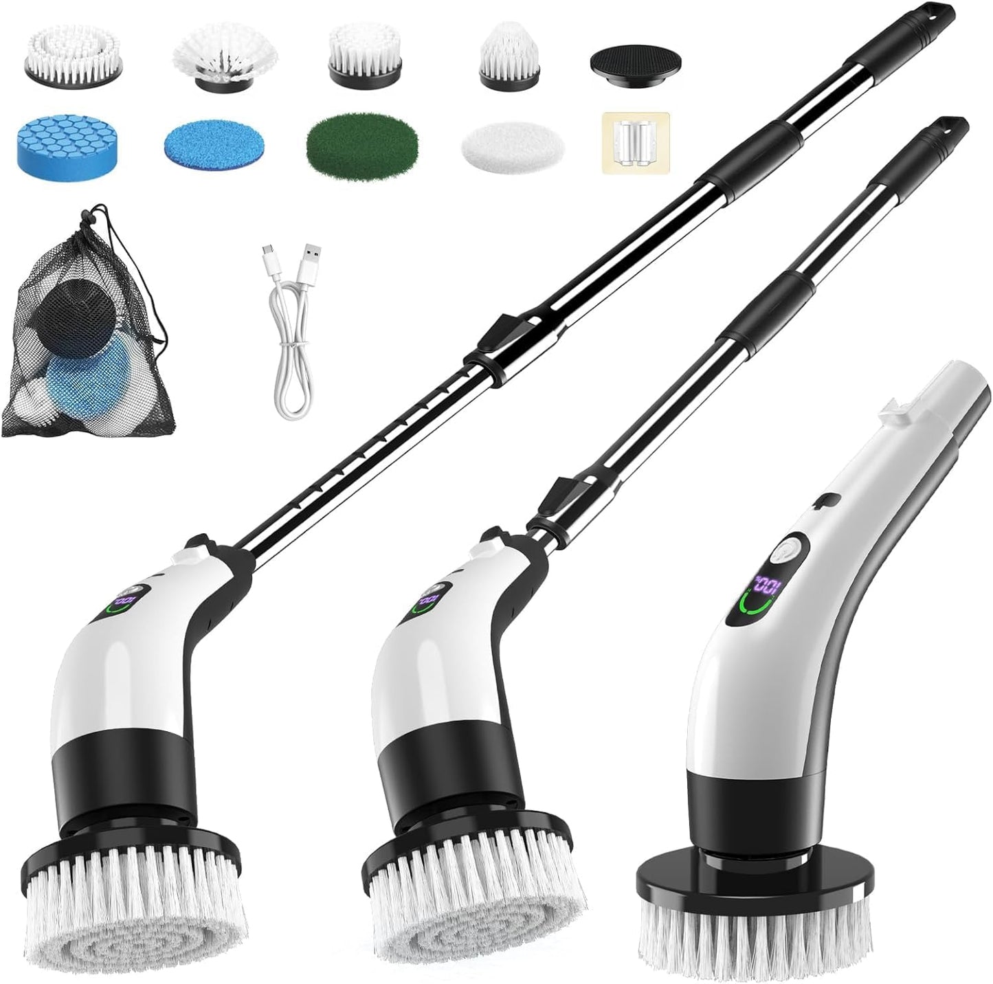 PUNOMO Electric Spin Scrubber for Bathroom & Shower, Power Cleaning Brush | Cordless, IPX7 Waterproof. 2 Speeds & 90-Min Battery, 8 Heads. Extendable Handle Saves Your Back For Tub & Tile Deep Cleaning