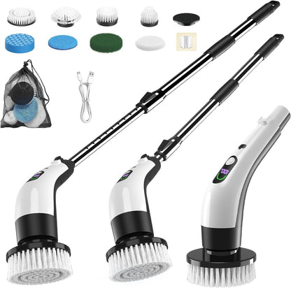 PUNOMO Electric Spin Scrubber for Bathroom & Shower, Power Cleaning Brush | Cordless, IPX7 Waterproof. 2 Speeds & 90-Min Battery, 8 Heads. Extendable Handle Saves Your Back For Tub & Tile Deep Cleaning