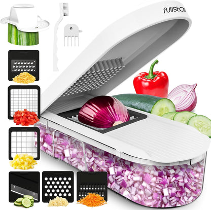 Fullstar Pro Core Vegetable Chopper & Mandoline Slicer, Meal Prep Essential | 6 in 1 Veggie Slicer, Onion & Fruit Slicer with Julienne, Grater & Dicer Stainless Steel Blades + Container (White)
